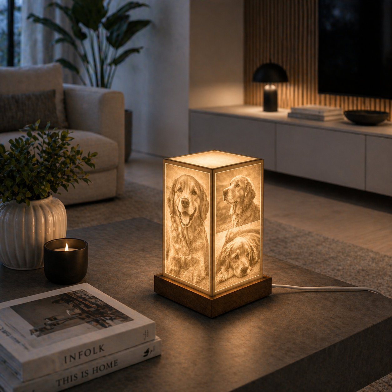 LAMPADA PERSONALIZZATA DA COMODINO BASE CUBICA 4 FOTO