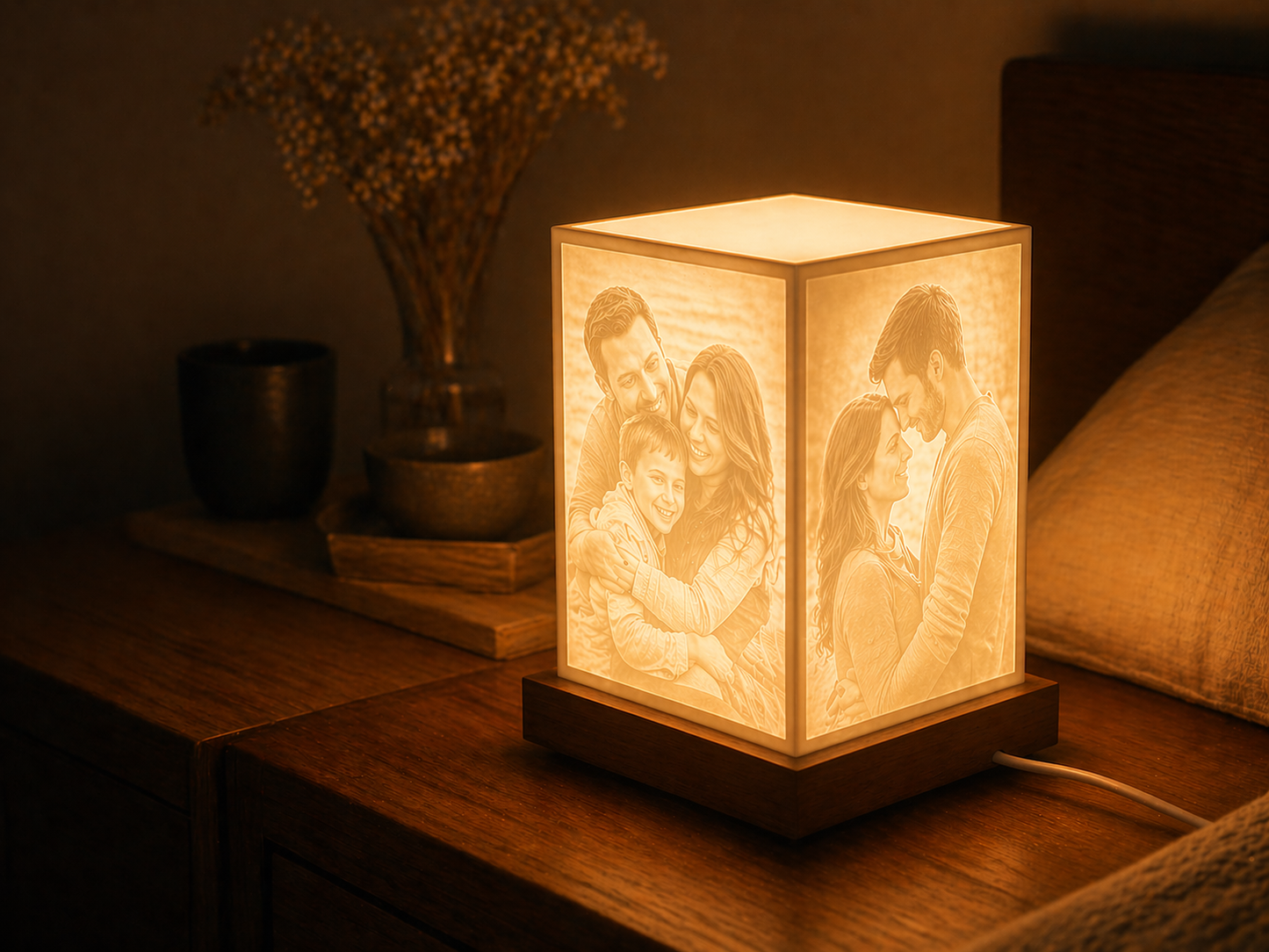 LAMPADA PERSONALIZZATA DA COMODINO BASE CUBICA 4 FOTO