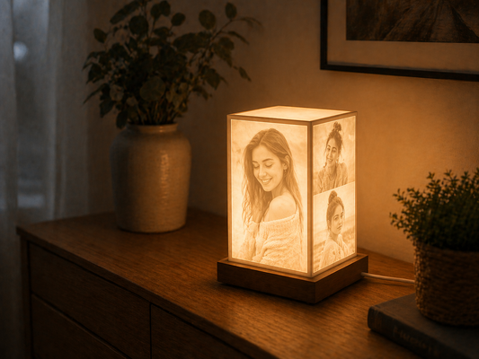 LAMPADA PERSONALIZZATA DA COMODINO BASE CUBICA 4 FOTO